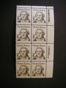 Scott 1851, 8c Henry Knox, Zip & Copy block of 8 UR, MNH Great Americans