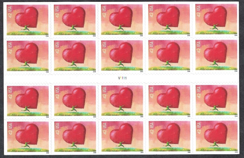 United States #4270a 42¢ Love (2008). Pane of 20. MNH