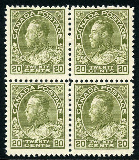 CANADA SCOTT#119 20c ADMIRAL BLOCK  MINT TOP 2 LH & BTM 2NH  SCOTT VALUE $770.00