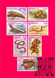 NICARAGUA 1982 Nature Fauna Reptiles Snakes Lizard Turtle Crocodile 7v Mi2335-41