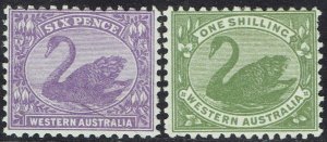 WESTERN AUSTRALIA 1912 SWAN SET 6D AND 1/- WMK CROWN/SINGLE LINED A