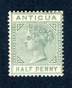 Antigua 1882 QV 1/2d dull green. TOP LEFT TRIANGLE DETACHED. Mint Hinged. SG21a.