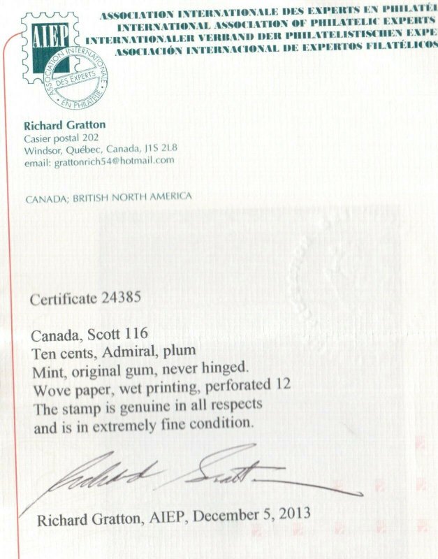 Canada #116 Extra Fine Never Hinged Gem **With Certificate**