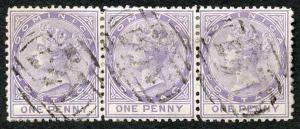 Dominica 1874 SG1 Penny Lilac wmk Crown CC Perf 12.5 Fine used Strip of 3