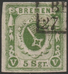 Bremen 1859 Sc 4a used chalky paper Bremen box cancel tiny edge thins