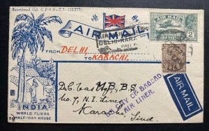 1929 Delhi India Early Airmail First Flight Cover FFC To Karachi Signed Flown 46