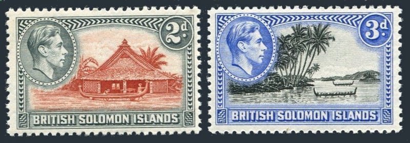 Solomon Isls 70b,72a perf 12, MNH. Mi 62C,64C. George VI,1951.Canoe,Munda Point.