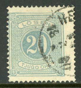 Sweden 1874 Postage Due 20 Ore Blue Perf 14 Scott # 6 VFU  N770