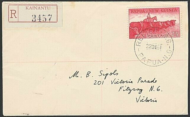 PAPUA NEW GUINEA 1961 2/5d Cattle single franking Reg cover - Relief cds....H135