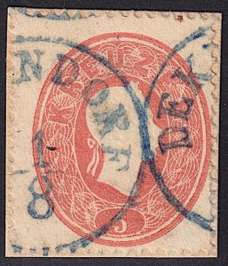 Austria - 1860 - Scott #14 - used on piece - blue DEKENDORF pmk Romania