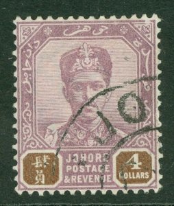 SG 52 Johore 1896. $4 dull purple & brown. Very fine used CAT £95