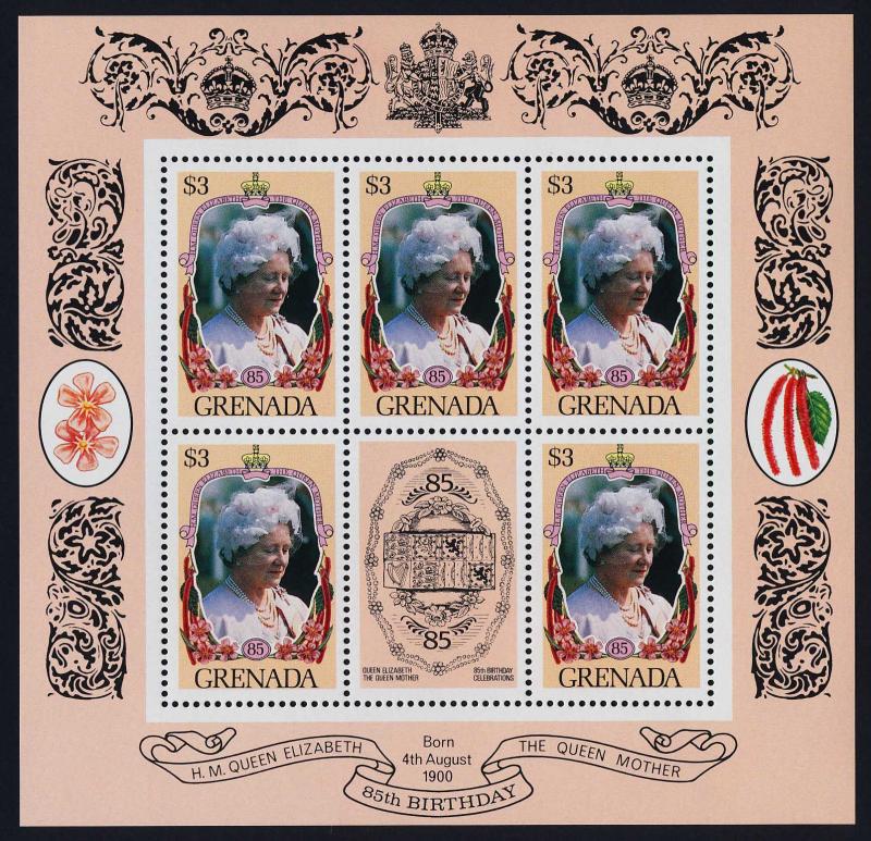 Grenada 1301A-C sheets MNH Queen Mother 85th Birthday, Flowers