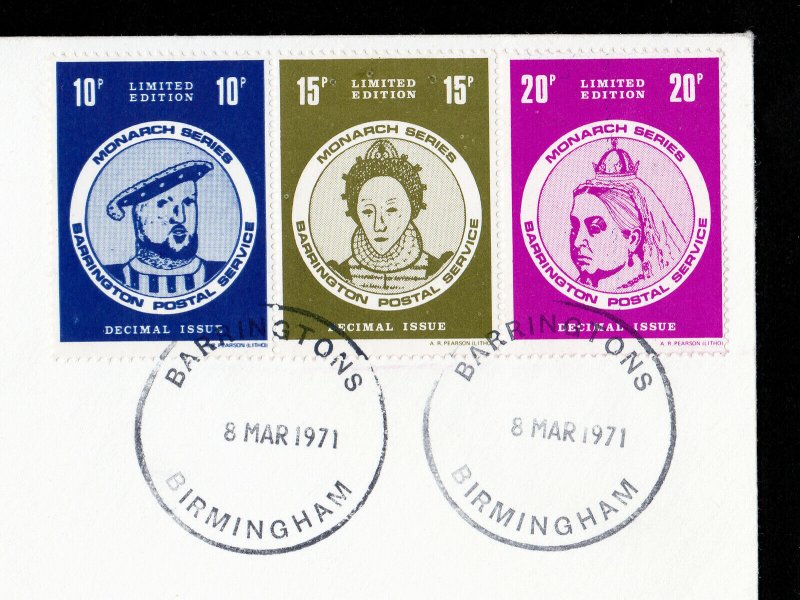 1971 STRIKE POSTAL DISPUTE BIRMINGHAM LAST DAY COVER BARRINGTON DECIMAL ISSUE