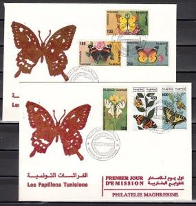 Tunisia, Scott cat. 1057-1062. Butterflies issue on 2 First Day Covers.