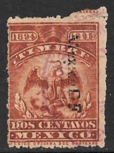 MEXICO REVENUES 1894-95 2c EAGLE Documentary MEXICO DF Control DO217 Used