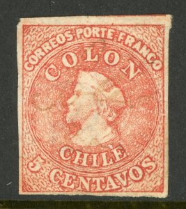 Chile 1865 Columbus 5¢ Carmine Red Imperf Scott #14a Mint K830
