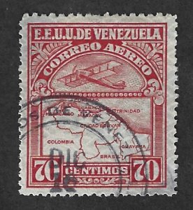 Venezuela Scott #C125 Used 70c Bi-plane & Map air mail stamp 2017 CV $7.75