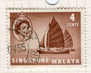 SINGAPORE; 1950s early pictorial QEII issue fine used 4c. value