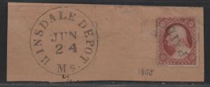 $US Sc#26 used, railroad depot cancel Hinsdale MS., on piece, Cv. $30