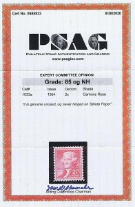 SC# 1033a UNUSED OG MNH SILKOTE PAPER 2C JEFFERSON 1954 2020 PSAG GRADE VF-XF 85