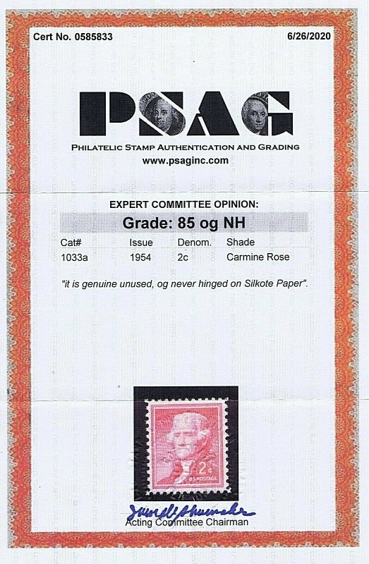 SC# 1033a UNUSED OG MNH SILKOTE PAPER 2C JEFFERSON 1954 2020 PSAG GRADE VF-XF 85