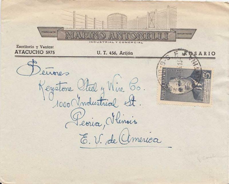 Argentina 5c Roosevelt 1946 Rosario-9-S.F., Argentina to Peoria, Ill.  Illust...