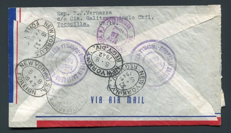 1942 Registered - Tocopilla, Chile to New York, NY USA - Good Backstamps!