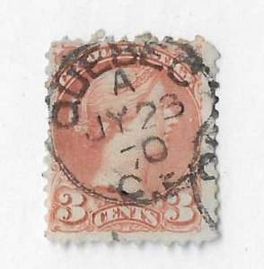 Canada Sc #37b  3c copper brown  used with SON 1870 Quebec CDS
