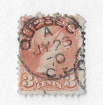 Canada Sc #37b  3c copper brown  used with SON 1870 Quebec CDS