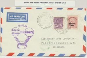 BRAZIL -GERMANY 1933 GRAF ZEPPELIN COVER, RECIFE TO FR'SHAFEN Si#239BVIOLET CACH