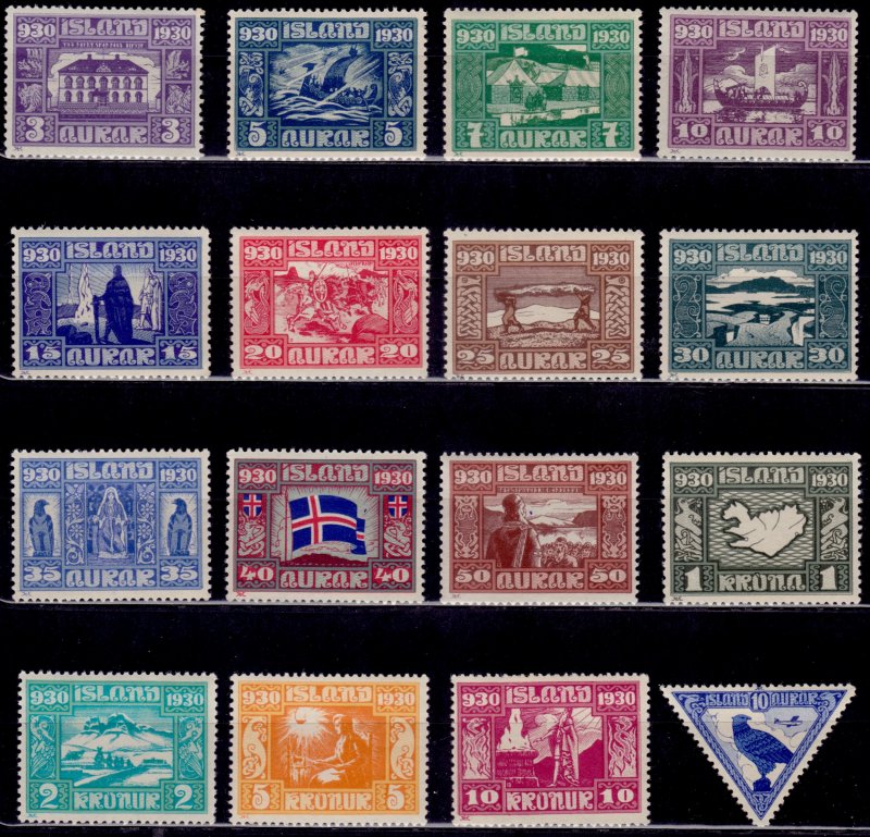 Iceland, 1930, Parliament Millenary set, Scott#152-166 & C3, Mint Never Hinged