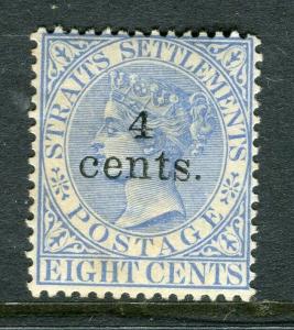 STRAITS SETTLEMENTS; 1898 early QV surcharged Mint hinged Shade of 4 CENTS