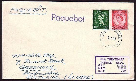 GB SWEDEN 1965 cover GB stamps STOCKHOLM PAQUEBOT, MS DEVONIA cachet.......34358