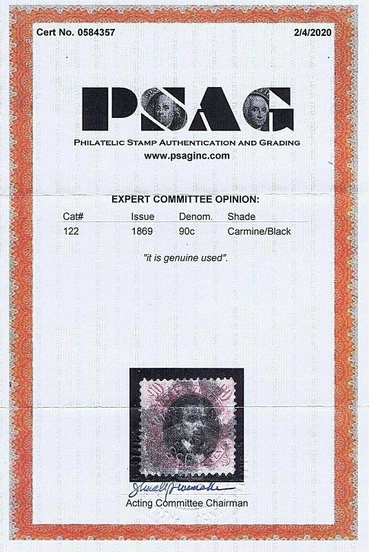 SC# 122 USED 90 CENT LINCOLN 1869 CORK CANCEL 2020 PSAG CERT FINE GOOD CAT VALUE