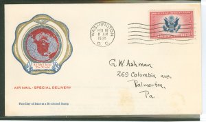 US CE2 1936 First Day Cover, 16c air mail-special delivery bi-color reissue single on an addressed First Day Cover with a rice c