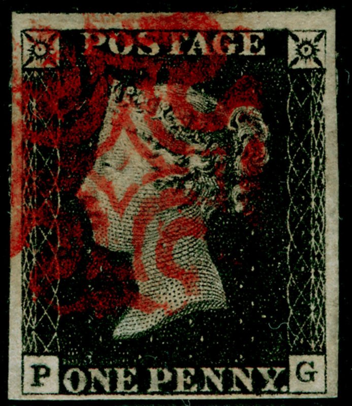 SG2, 1d black PLATE 1a, FINE USED. Cat £400. RED MX. 4 MARGINS. PG