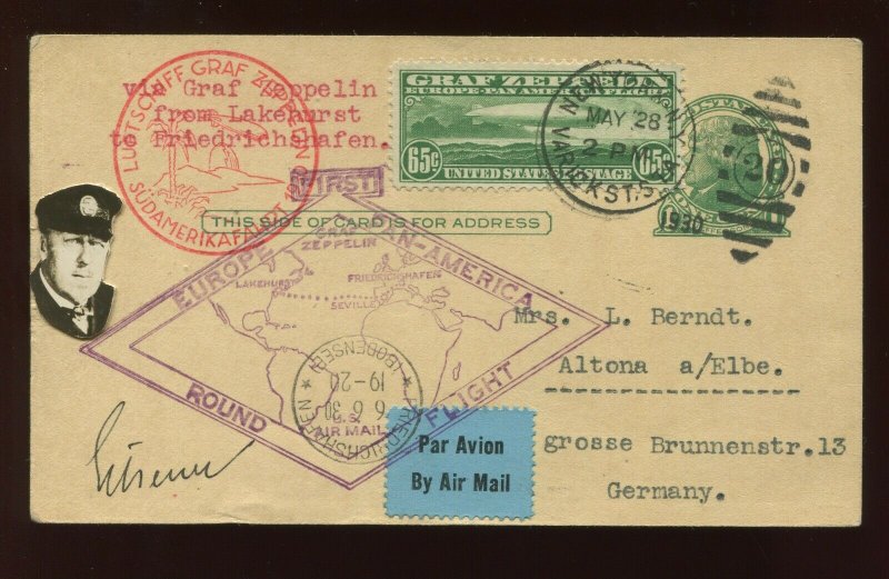 C13 Graf Zeppelin Air Mail Used Stamp Pilot Eckener Signed Post Card (C13-164)