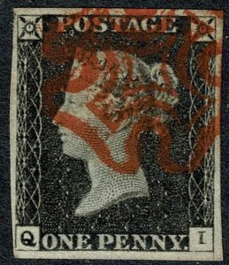 GB 1d Black. Plate 2 QI. Four margins cancelled by bright red red Maltese C...