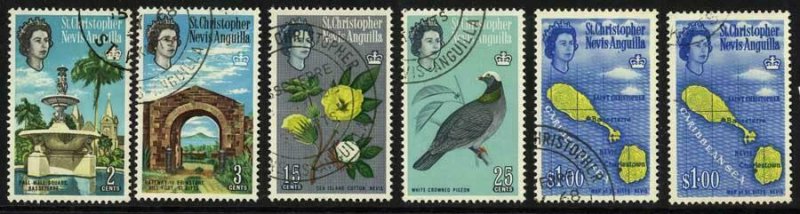 St Kitts-Nevis SG166/71a set inc shade Fine used Cat 14.50 pounds