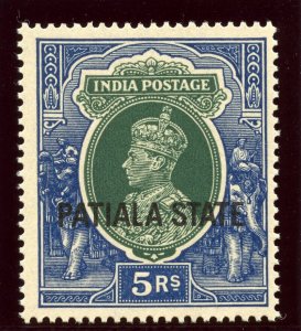 India - Patiala 1937 KGVI 5r green & blue superb MNH. SG 94. Sc 94.