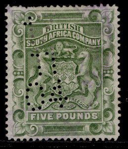 RHODESIA QV SG12, £5 sage green, USED. PERFIN