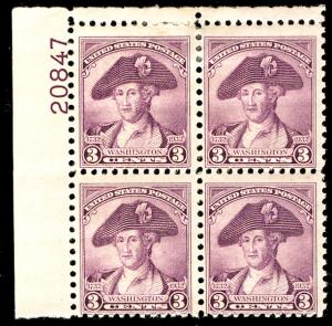 US #708 3c Washington, Plate Block, F/VF mint hinged, good color