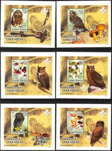 {208} Guinea Bissau 2005 Mushrooms Birds Owls 6 S/S Deluxe MNH**