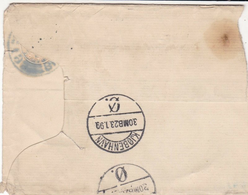 Britain 1899 Birmingham Cancel Embossed Stamp Part Cover to Denmark Ref 45639