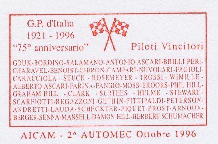 Specimen meter card Italy 1996 Car race - Anniversary Grand Prix Italy
