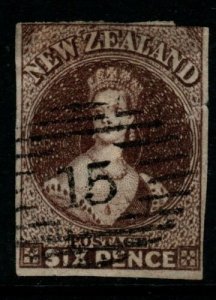 NEW ZEALAND SG85 1862 6d BLACK-BROWN NO WMK (2-3 MARGINS) USED 