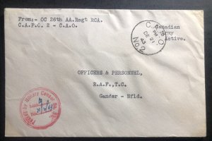 1943 Canadian Army Post Office CAPO 2 Censored cover To Gander Canada