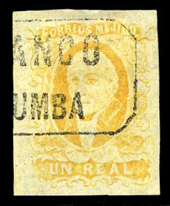 Mexico #2c, 1856 1r yellow, without overprint, used, large margins