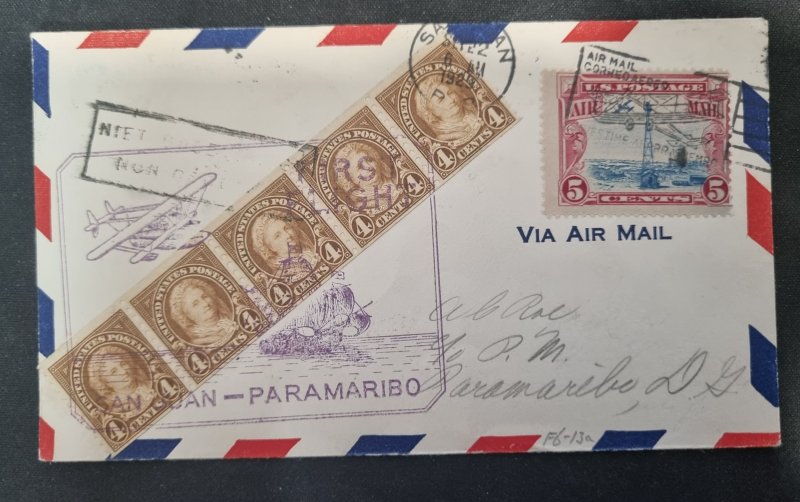 air mail us #601 strip 1923 first flight san juan paramaribo #10026