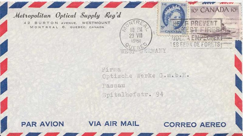 Canada 5c QEII Wilding and 10c Eskimo Hunter 1961 Montreal Quebec Airmail to ...